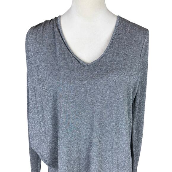 Lola & Sophie Gray Thin Knit Silver Metallic Long Sleeve Asymmetrical Fitted Top - Picture 6 of 12